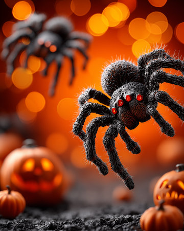 Halloween background with spiders, pumpkins and spiders on dark backgroundの素材