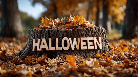 \Wooden sign with the word \"\"halloween\"\" in the autumn park\""の素材