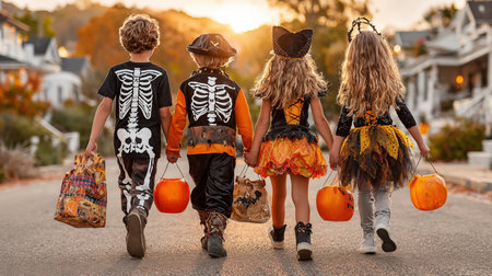Back view of a group of kids in halloween costumes with pumpkins on the streetの素材