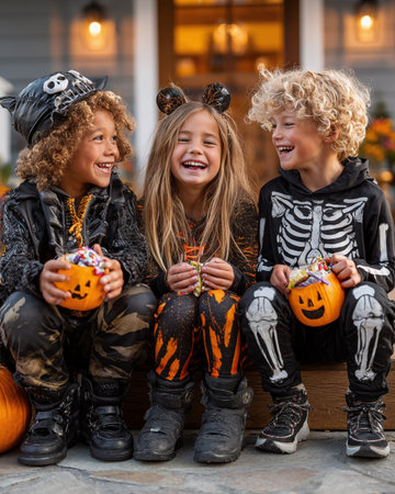 Group of kids in halloween costumes sitting on the porch of the houseの素材