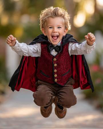 Cute little boy dressed like a vampire or dracula jumping in the airの素材