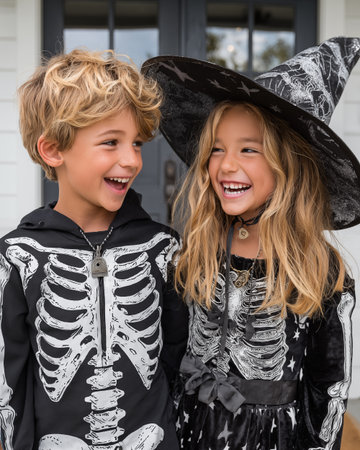 Boy and girl in halloween costumes posing on porch of houseの素材