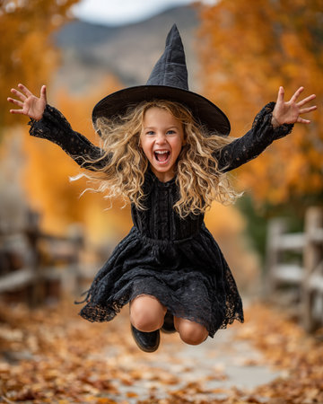 Cute little girl in witch costume jumping in autumn forest. Halloween.の素材