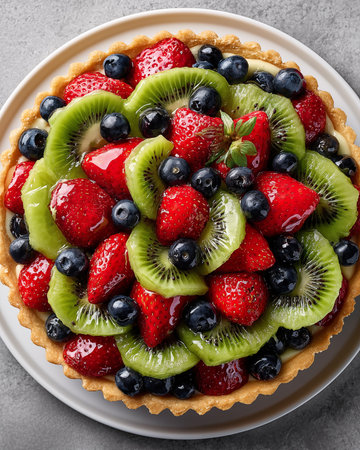 Delicious tart with fresh berries and kiwi, top viewの素材