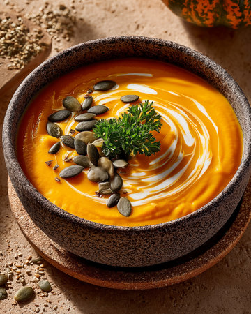Pumpkin soup with cream and parsley in a bowl on a concrete backgroundの素材