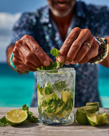 Mojito cocktail with lime, mint and ice on the beachの素材