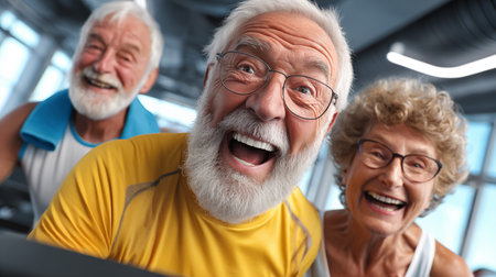 Portrait of happy senior people in sportswear at fitness centerの素材