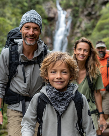 Happy family of four hiking in the mountains with a waterfall in the backgroundの素材