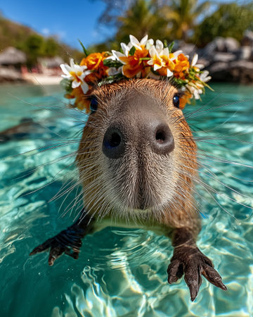 Cute beaver with wreath of flowers in the swimming poolの素材