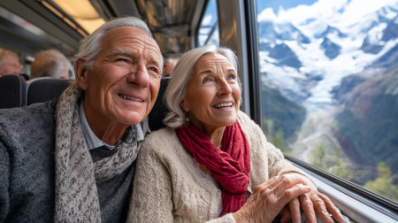 Portrait of happy senior couple traveling by train in Alps, Switzerlandの素材