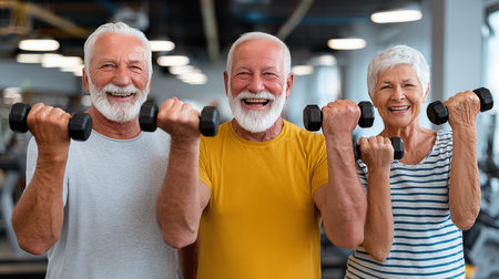 Portrait of happy senior people lifting dumbbells in fitness studioの素材