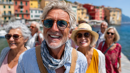 Portrait of a happy senior couple on vacation in Cinque Terre, Italyの素材