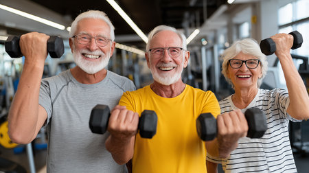 Senior couple exercising with dumbbells at fitness club and smilingの素材