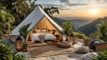 Camping tent on the tropical beach at sunset,3d renderの素材