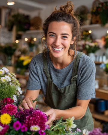 Portrait of smiling female florist holding flowers in flower shopの素材