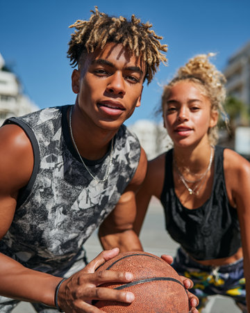 Portrait of two african-american teenagers playing basketball outdoorsの素材