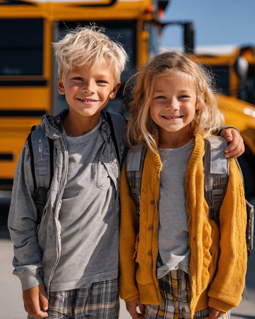 portrait of smiling schoolchildren looking at camera while standing near school busの素材