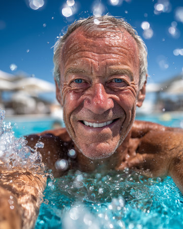 Portrait of happy senior man in swimming pool on a sunny dayの素材