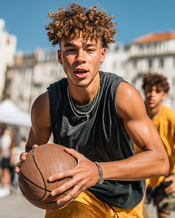 Portrait of a young african-american man playing basketball outdoorsの素材