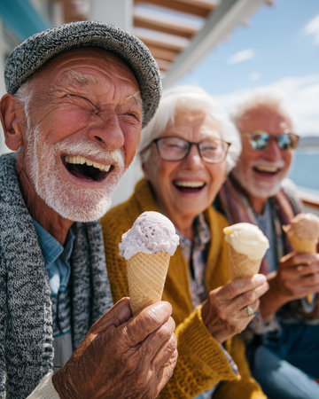 Group of seniors having fun eating ice cream on the deck of a cruise shipの素材
