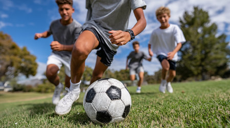 Soccer players playing on the field on a sunny day. Focus on the ballの素材