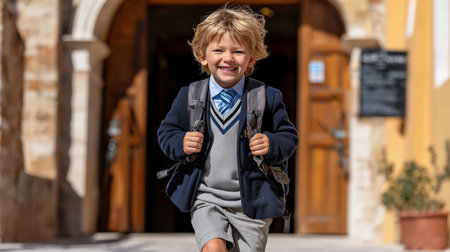 Portrait of a smiling little boy with backpack walking in the streetの素材