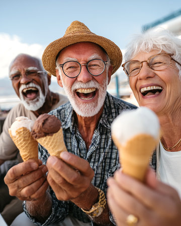 Group of senior friends eating ice cream on the beach in the summer.の素材