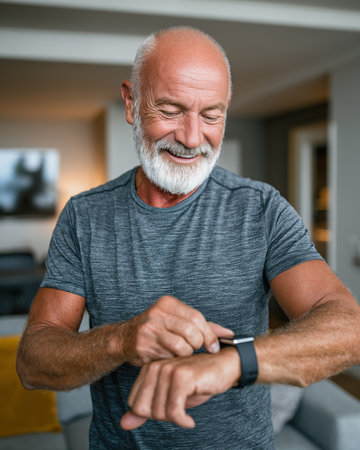 Portrait of senior man checking time on wristwatch while sitting on sofa at homeの素材