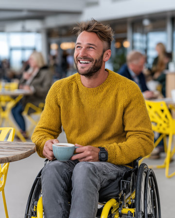 Portrait of a smiling young man in a wheelchair drinking coffee in a cafeの素材