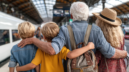 rear view of family with backpacks standing at railway station platformの素材