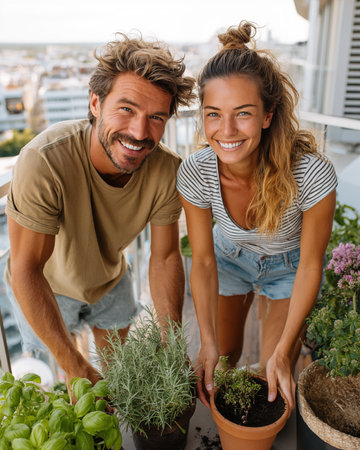 Portrait of happy young couple gardening together on terrace at homeの素材