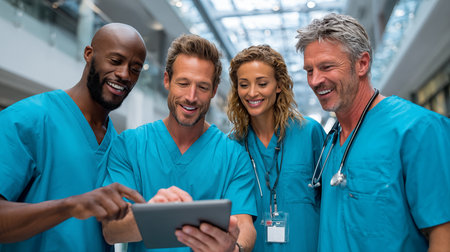 Portrait of smiling doctors using digital tablet in corridor of hospital or clinicの素材