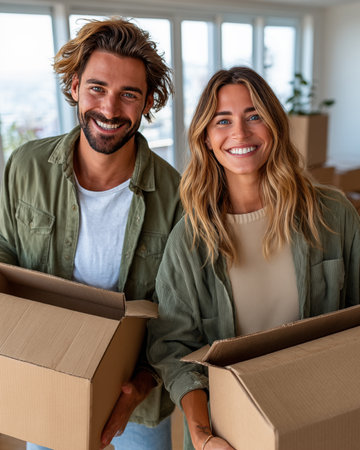 Portrait of happy young couple carrying boxes in new house. They are looking at camera and smilingの素材