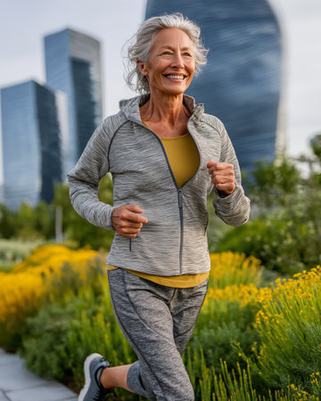 Senior woman jogging in the city. Sport and healthy lifestyle concept.の素材