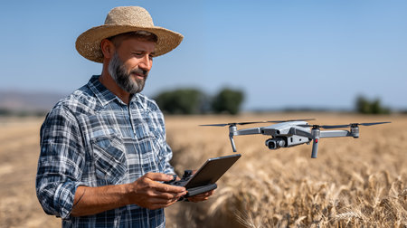 Farmer with drone and tablet in wheat field. Selective focus.の素材