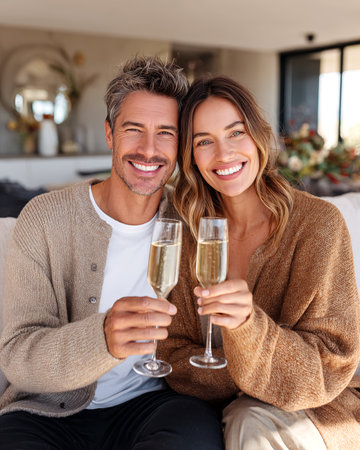 Cheerful couple drinking champagne. Cheerful young man and woman holding glasses of champagne and smiling while sitting on sofa at homeの素材