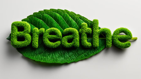 Green bio eco text with leaves on white background and word breathe. 3D illustration.の素材