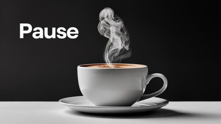 Cup of coffee with the word Pause on a black backgroundの素材