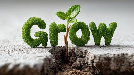 Growth concept with green seedling growing out of soil on gray backgroundの素材