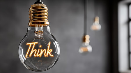Conceptual image of a glowing light bulb with the word Thinkの素材