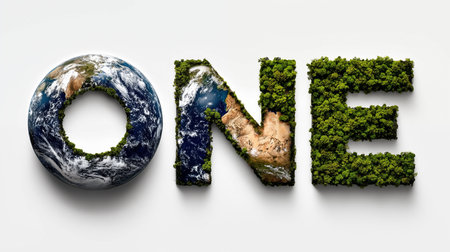 Earth planet with green forest and the word One on white background.の素材