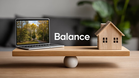 Laptop and house on a wooden table. Business and technology balance concept.の素材