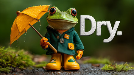 Frog in rain boots with umbrella and the word DRY.の素材