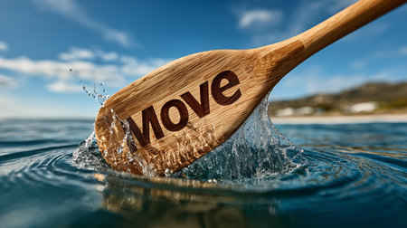 \Wooden spoon with the word \"\" Move\"\" in water. Conceptual image.\""の素材