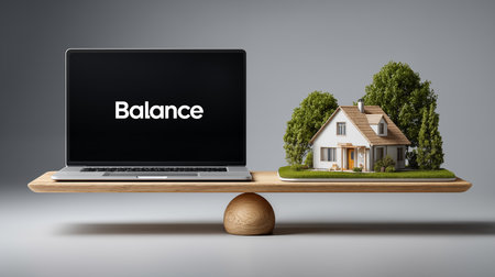 Real estate concept. Laptop with home on the scale. 3D renderingの素材