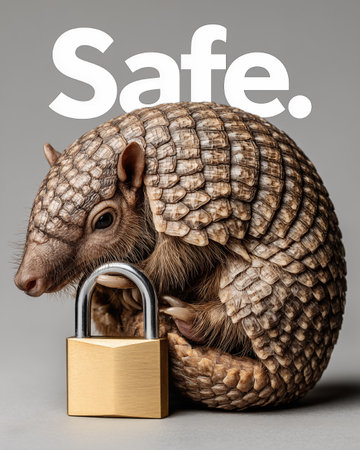 Cute armadillo with a padlock and the word safeの素材