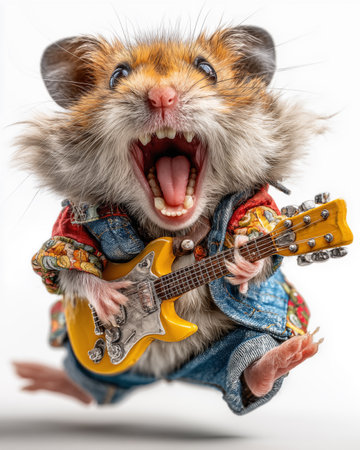 Hamster playing the electric guitar on a white background. Studio shot.の素材