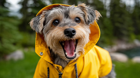 Portrait of a cute Yorkshire Terrier in a yellow raincoatの素材