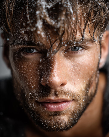 Close-up portrait of a handsome young man with wet hair.の素材