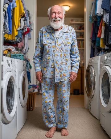 Portrait of happy senior man in pajamas standing in laundry roomの素材